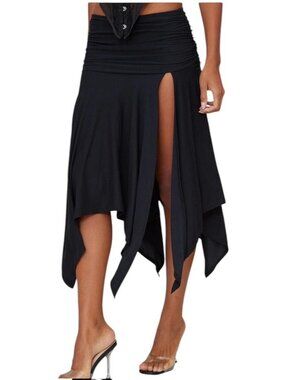 Prettylittlething Nwt Black Ruched Asymmetrical Midi Skirt